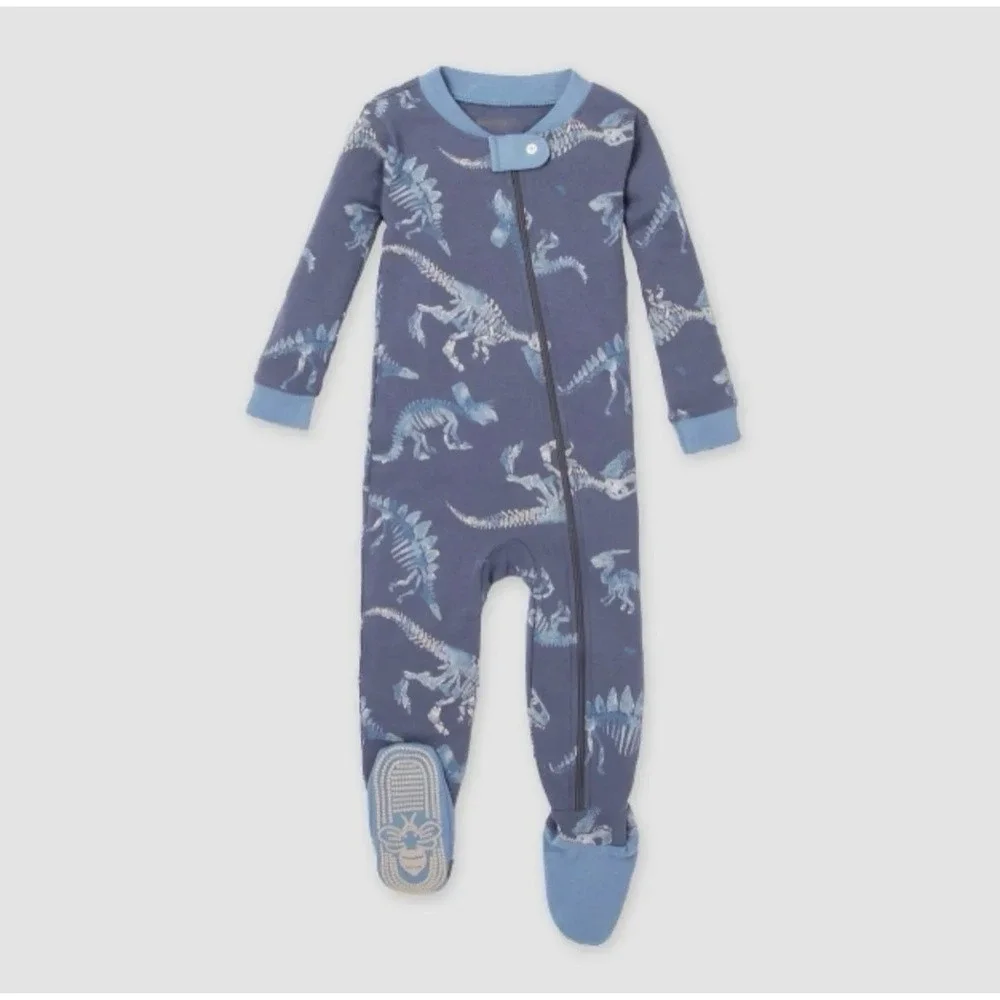 Burt's Bees Organic Cotton Blue Dino Dinosaur Zip Up PJs Pajamas-size 6-9 Month